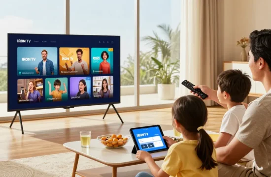 Une famille heureuse utilisant l'application iron tv dans un salon accueillant.