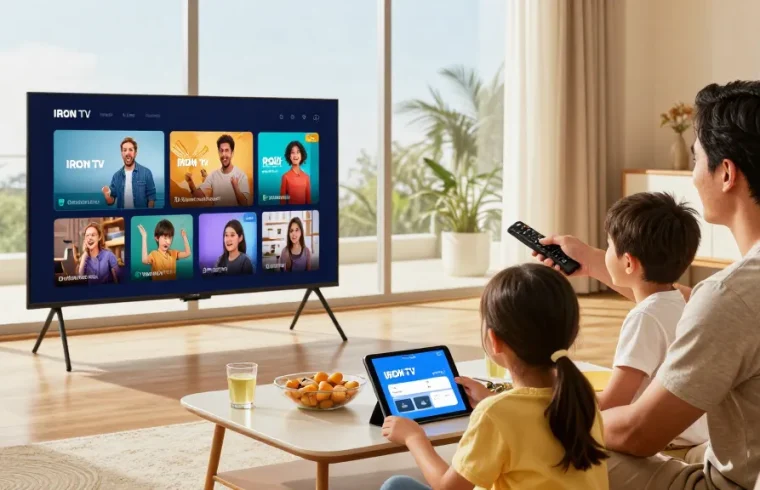 Une famille heureuse utilisant l'application iron tv dans un salon accueillant.