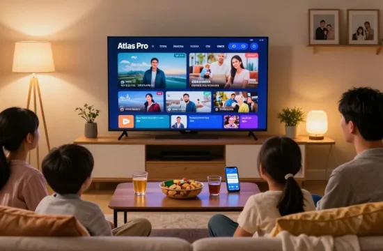 Profitez de l'abonnement Atlas Pro en famille dans un salon confortable.