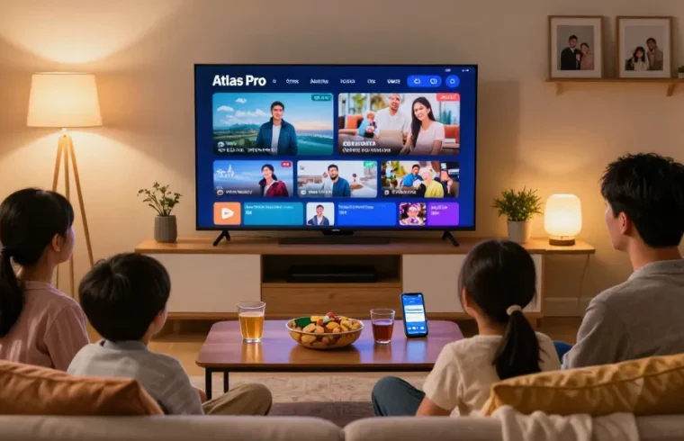 Profitez de l'abonnement Atlas Pro en famille dans un salon confortable.